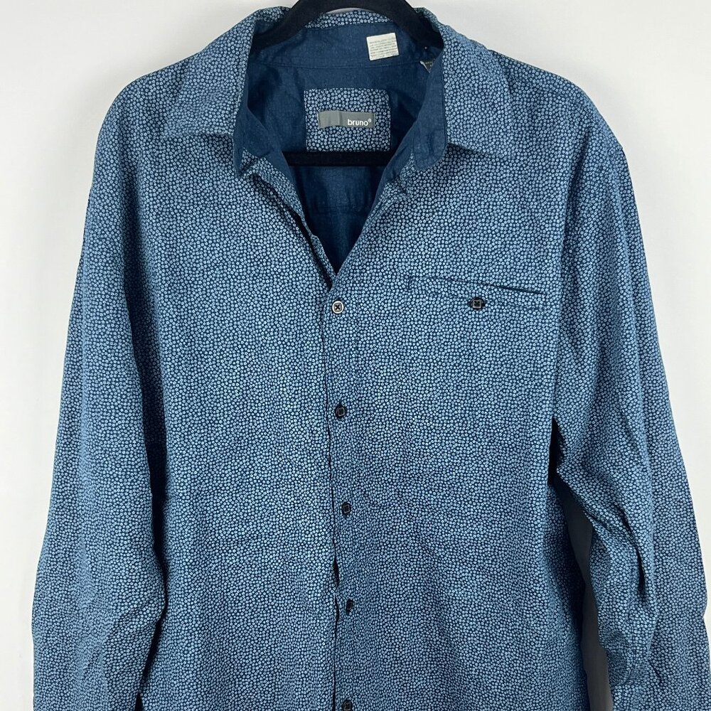 Bruno Casual Button Down Shirt Size L Blue Floral Long Sleeve Pocket Cotton Poly